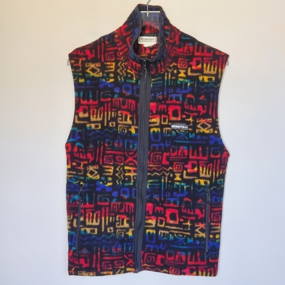 Vintage Obermeyer Y2K Men's Full Zip Fleece Tribal Print Sleeveless Jacket